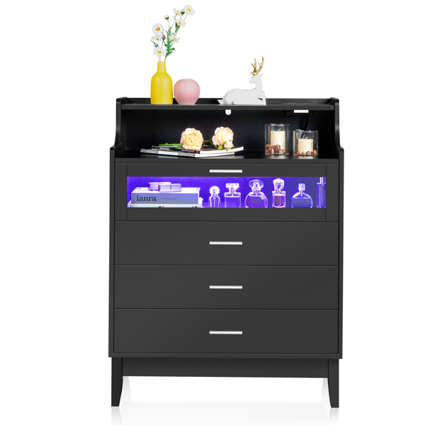 Particleboard Wood 4 Drawers with Shelf & LED Light Strips & Charging Station & USB Ports Dresser Bed Table Black