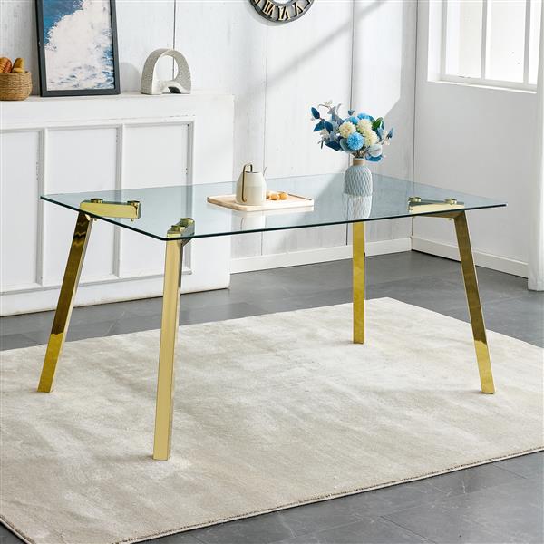 Modern minimalist style rectangular glass dining table with tempered glass tabletop and golden metal legs, suitable for kitchen, dining room, and living room, 63 inches * 35.4 inches * 30 inches