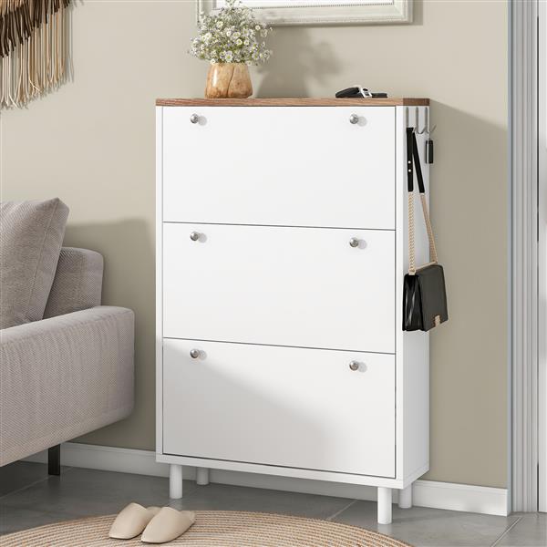 Narrow Design Shoe Cabinet with 3 Flip Drawers, Wood Grain Pattern Top Entryway Organizer with 3 Hooks, Free Standing Shoe Rack with Adjustable Panel for Hallway, White