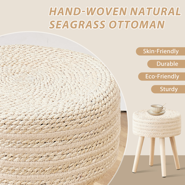 Amazon Shipping Round Ottoman Footstool Natural Seagrass Foot Stool Pouf Ottomans with Solid Wood Legs Hand Weave Hyacinth Footrest Step Stool for Living Room Balcony Garden