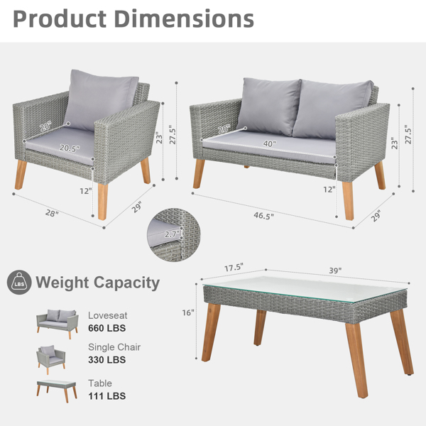 4 Piece Outdoor Patio Furniture Set, Resin Rattan and Acacia Wood Chairs Conversation Furniture Set for Backyard Balcony Deck with Soft Cushions and Table, Grey