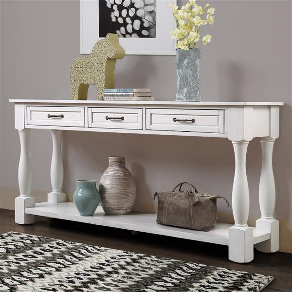 63inch Long Wood Console Table with 3 Drawers and 1 Bottom Shelf for Entryway Hallway Easy Assembly Extra-thick Sofa Table (Antique White)