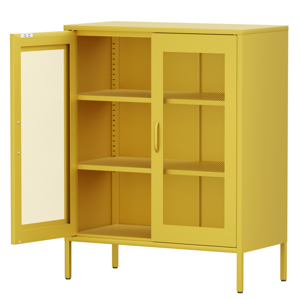  Metal Storage Cabinet with Mesh Doors, Liquor Cabinet with Adjustable Shelves for Kitchen,  Living Room, Home Office, yellow