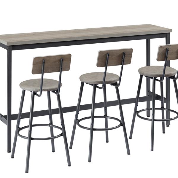 Long Bar Table Set with 3 PU Upholstered Bar Stools, Industrial Bar Table and Chairs for Kitchen Breakfast Table, Living Room, Banquet Hall, Rustic Gray and Black, 63″L x15.7"W x 37.5"H