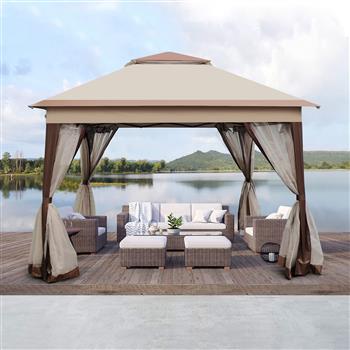 Outdoor 11x 11Ft Pop Up Gazebo Canopy With Removable Zipper Netting,2-Tier Soft Top Event Tent,Suitable For Patio Backyard Garden Camping Area,Coffee