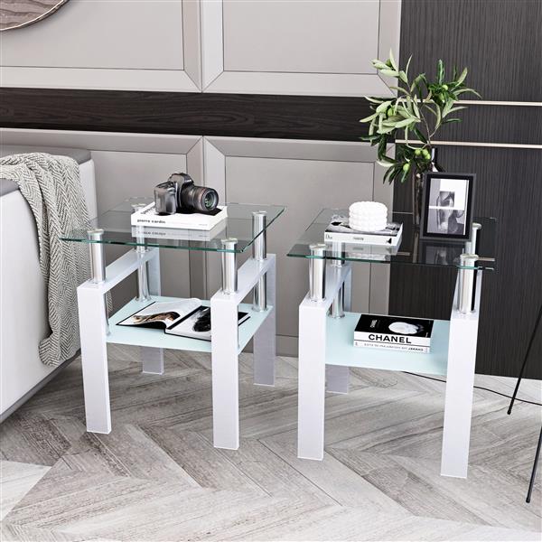 Set of 2, Modern Tempered Glass Tea Table Coffee Table End Table, Square Table for Living Room, Transparent/White