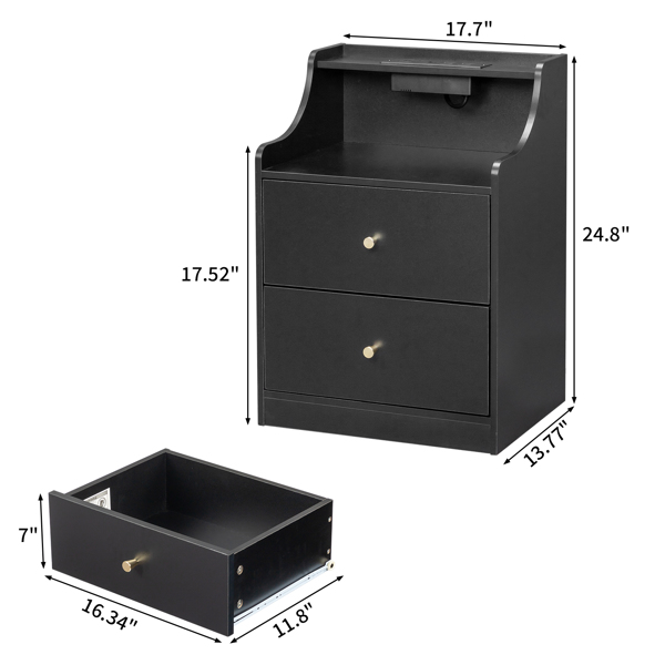 FCH black particle board with triamine matt gold tapered handle 45*35*63cm two drawers with compartments bedside table 1 wireless + 2 USB ports + 2 US standard three-plug ports