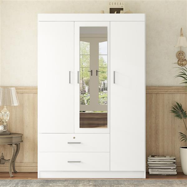 3-Door Mirror Wardrobe with shelves, White