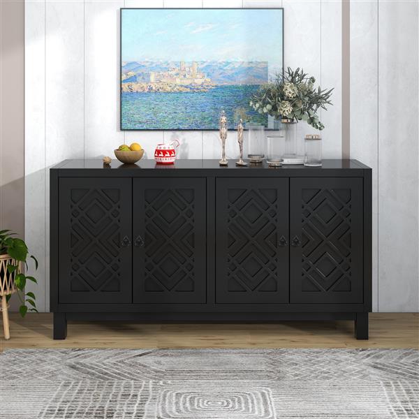 Large Storage Space Sideboard, 4 Door Buffet Cabinet with Pull Ring Handles for Living Room, Dining Room (Black)