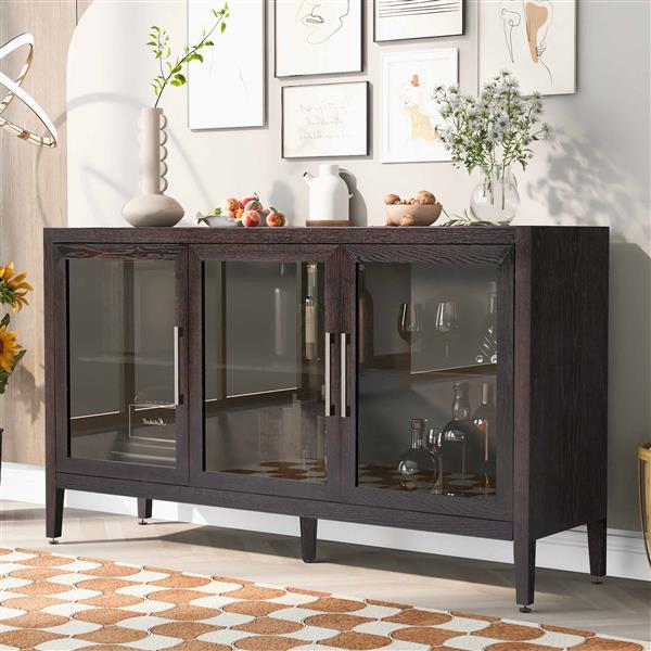 Wood Storage Cabinet with Three tempered glass doors and Adjustable Shelf,Suitable for living room, study and entrance