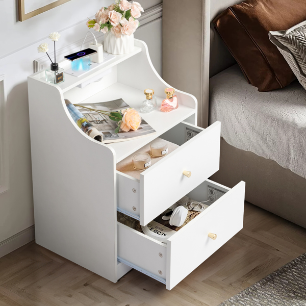 FCH White particleboard with triamine Matt gold tapered handle 45*35*63cm 2 drawers with compartments Bedside table 1 wireless + 2 USB ports + 2 US standard three-pin ports