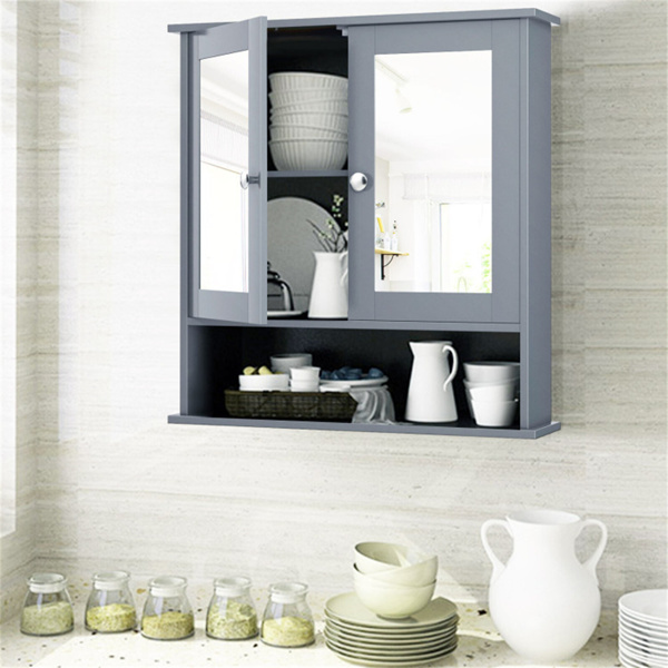 Gray bathroom cabinet with mirror