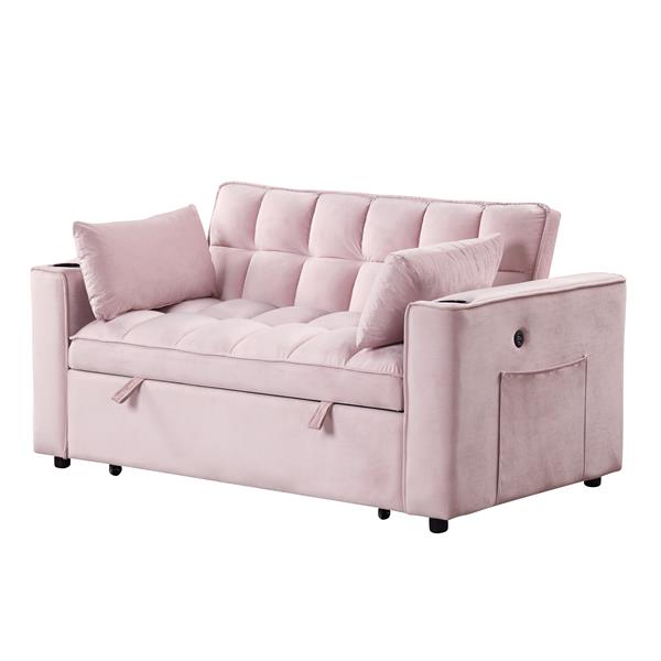 55.3" 4-1 Multi-functional Sofa Bed with Cup Holder and USB Port for Living Room or Apartments Pink