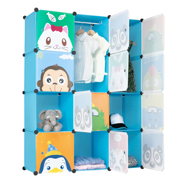 4-Layer 12-Grid 2-Hanging Rod Magic Cube Wardrobe, Plastic + Steel Wire Material with Animal Pattern, Pattern Door Blue Cabinet