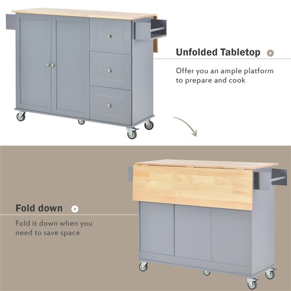 Rolling Mobile Kitchen Island with Solid Wood Top and Locking Wheels,52.7 Inch Width,Storage Cabinet and Drop Leaf Breakfast Bar,Spice Rack, Towel Rack & Drawer (Grey Blue)