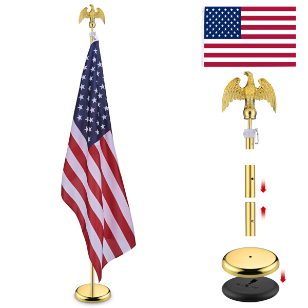 6FT Telescoping Indoor Flag Pole Kit Eagle Topper Aluminum Gold Pole with 3x5Ft Embroidered Stars US Flag & Base,Aluminum Telescoping Flagpole Indoor for Office,School(No delivery on weekends)