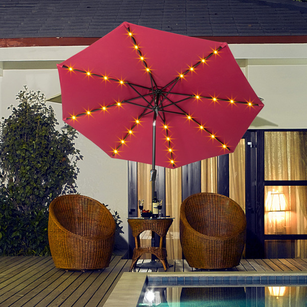 9FT  Umbrella Waterproof Folding Sunshade  Wine Red with Light（Not Included Umbrella Base）