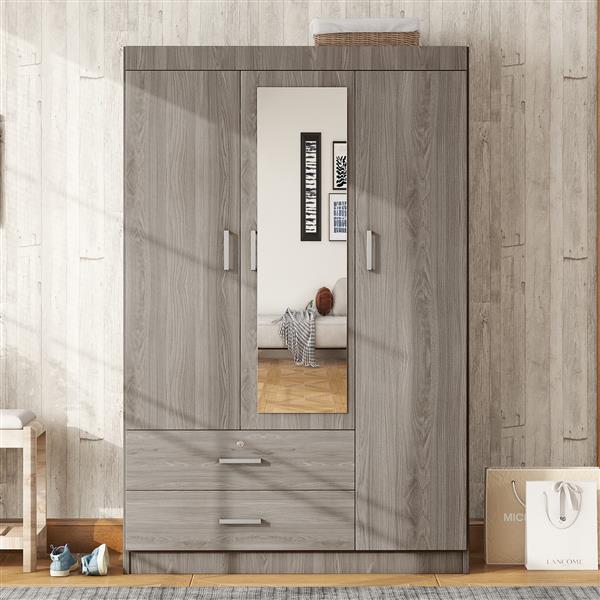 3-Door Mirror Wardrobe with shelves, Gray