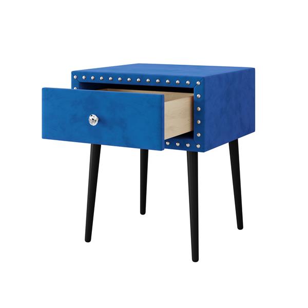 Modern Nightstands Set of 2 with Drawer and Crystal Handle, Elegant Rivet Velvet Design Bedside Table for Bedroom, Blue