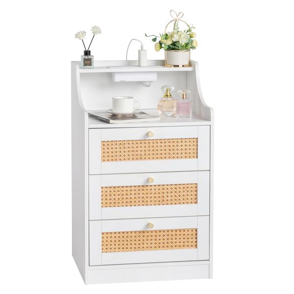 FCH white particleboard with triamine matt gold tapered handle 45*35*73cm rattan three drawers with compartments bedside table 1 wireless + 2 USB ports + 2 US standard three-plug ports