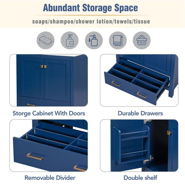 30" Blue Bathroom Vanity with Single Sink, Combo Cabinet Undermount Sink, Bathroom Storage Cabinet with 2 Doors and a Drawer, Soft Closing, Multifunctional Storage, Solid Wood Frame