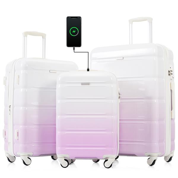 Luggage Set of 3, 20-inch with USB Port, Airline Certified Carry-on Luggage with Cup Holder, ABS+PC Hard Shell Luggage with Spinner Wheels, purple, New Products In Stock Mid May