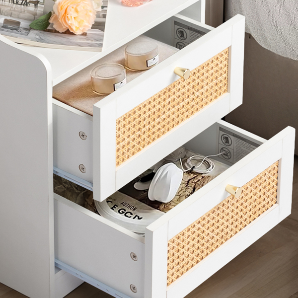 [] white particleboard with triamine matt gold tapered handle 45*35*63cm rattan two drawers with compartments bedside table 1 wireless + 2 USB ports + 2 US standard three-plug ports