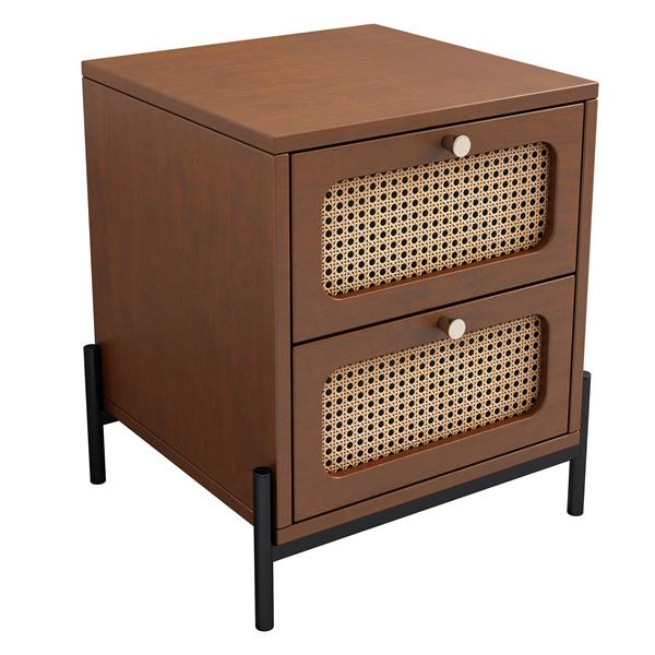 Modern Cannage Rattan Wood Closet 2-Drawer Side Table End Table Nightstand for Bedroom, Living Room, Entryway, Hallway, Walnut