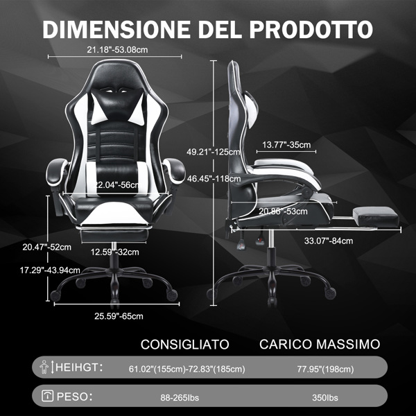 Computer Gaming Chairs with Footrest, Ergonomic Gaming Computer Chair for Adults, PU Leather Office Chair Adjustable Desk Chairs with Wheels, 360°Swivel Big and Tall Gamer Chair, White