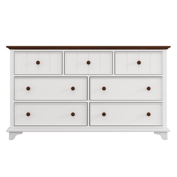 Wooden Captain Seven-Drawer Dresser for Bedroom, Living Room, Kids' Room, White+Walnut