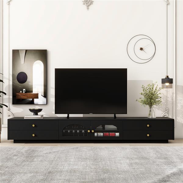 Luxurious TV Stand with Fluted Glass Doors, Elegant and Functional Media Console for TVs Up to 95'', Tempered Glass Shelf TV Cabinet with Multiple Storage Options, Black