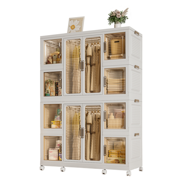 Portable Wardrobe Closet Storage Organizer for Clothes,Clothes Dresser,12 Magnetic Doors-12 Cubes & 2 Hanging Rod,Baby Wardrobe Storage Cabinet,White 