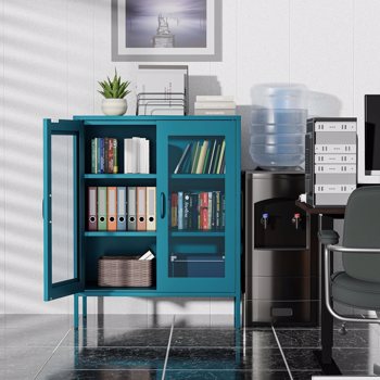  Metal Storage Cabinet with Mesh Doors, Liquor Cabinet with Adjustable Shelves for Kitchen,  Living Room, Home Office, bluish-green