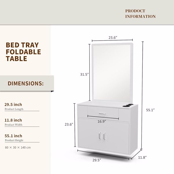 Wall Mount Salon Station with Mirror, Styling Station Barber Station Spa Salon Equipment w/Appliance Holders/Drawer/Storage Cabinet (White)