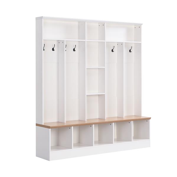 Wide Design Hall Tree with Storage Bench, Minimalist Shoe Cabinet with Cube Storage & Shelves, Multifunctional Coat Rack with 8 Hooks for Entryways, Mudroom, White