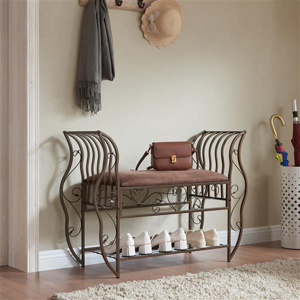 Traditional Style End of Bed Bench, Upholstered Entryway Bench with Arm, Bench with metal frame