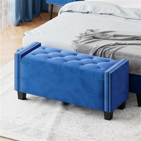 Upholstered Velvet Storage Bench for Bedroom, End of Bed Bench with Rivet Design, Tufted Foot Rest Stool,Blue