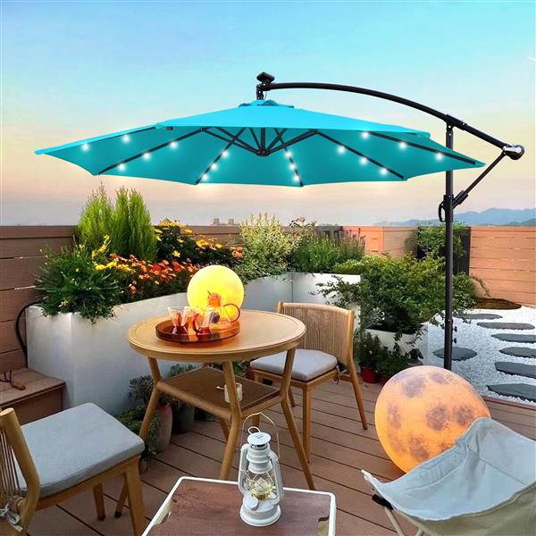 10 ft Outdoor Patio Umbrella Solar Powered LED Lighted Sun Shade Market Waterproof 8 Ribs Umbrella with Crank and Cross Base for Garden Deck Backyard Pool Shade Outside Deck Swimming Pool