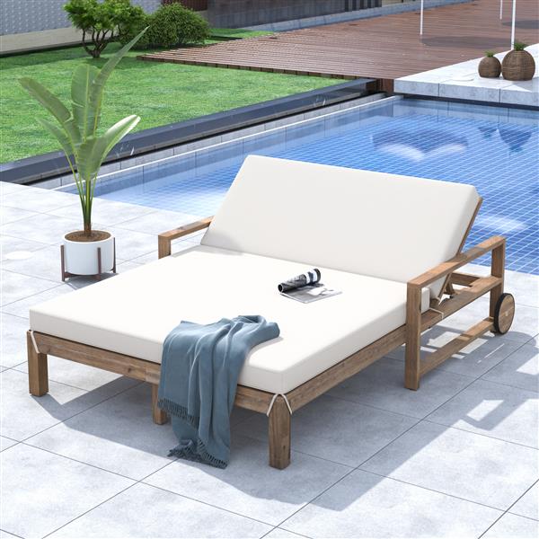 1-Piece Farmhouse-styled Wooden Outdoor Sunbed for Ultimate Relaxation Outdoor Daybed Seating 2 People for Poolside, Garden and Backyard (Beige)