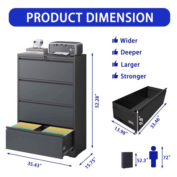 Lateral File Cabinet 4 Drawer, Black Filing Cabinet with Lock, Lockable File Cabinet for Home Office, Locking Metal File Cabinet for Legal/Letter/A4/F4 Size