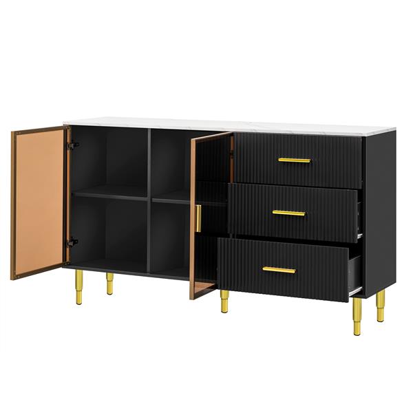 Modern Sideboard MDF Buffet Cabinet Marble Sticker Tabletop and Amber-yellow Tempered Glass Doors with Gold Metal Legs & Handles (Black)