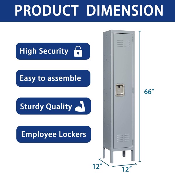 1 Door 66"H Metal Lockers With Lock for Employees,Storage Locker Cabinet for Home Gym Office School Garage,Gray