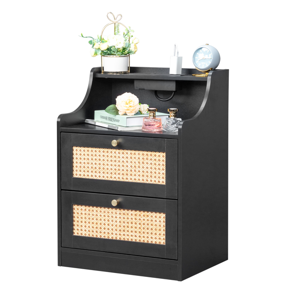 FCH black particle board with triamine matt gold tapered handle 45*35*63cm rattan two drawers with compartments bedside table 1 wireless + 2 USB ports + 2 US standard three-plug ports