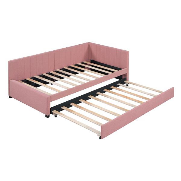 Upholstered Daybed with Trundle Twin Size Sofa Bed Frame No Box Spring Needed, Linen Fabric(Pink)