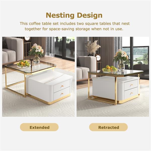 Modern 2 Pieces White  Square Nesting  Coffee Table with Drawers & Electroplated gold legs in 27.6''