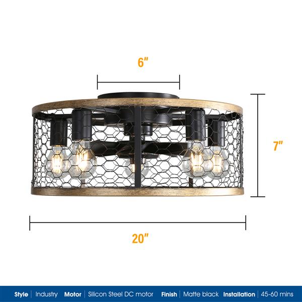 20 Inch Industrial Caged Ceiling Fan, With 7-ABS Blades Remote Control Reversible DC Motor, Small Flush Mount Ceiling Fan For Farmhouse