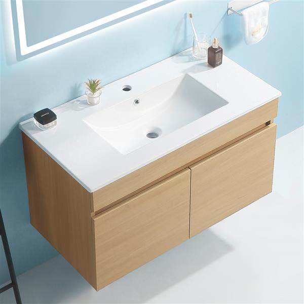 24 Inch Wall Mounted Bathroom Vanity with White Ceramic Basin,Two Soft  Close Cabinet Doors, Solid Wood,Excluding faucets,Light Oak