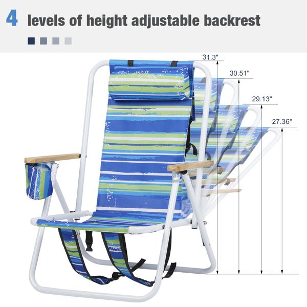 Folding Beach Chair Set of 2 for Adults, 4 Position Portable Backpack Foldable Camping Chair with Headrest Cup Holder and Wooden Armrests, Blue & Green Stripes