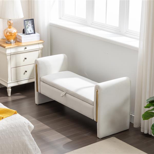 032-Velvet Fabric Storage Bench Bedroom Bench With Gold Metal Trim Strip For Living Room Bedroom Indoor,Ivory