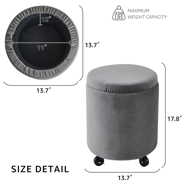 Storage Ottoman Foot Rest Round Footstool Velvet Footrest Multifunctional Rolling Stool Coffee Table Ottoman with Wheels Vanity Stool for Makeup Room Living Room Bedroom（Velvet Grey）